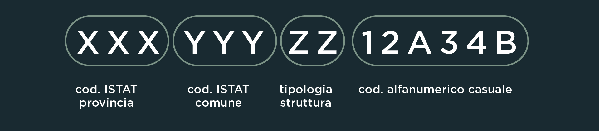 Infografica: esempio di codice CIR per affitti brevi, con struttura del codice suddivisa in codici ISTAT di provincia e comune, tipologia della struttura e parte alfanumerica casuale.